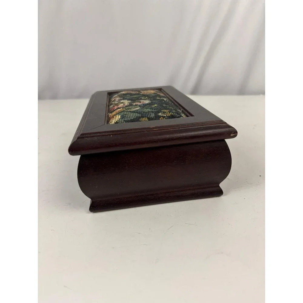 Vintage Wooden Jewelry Box Floral Tapestry Top Mirror‎ Vanity Keepsake Box